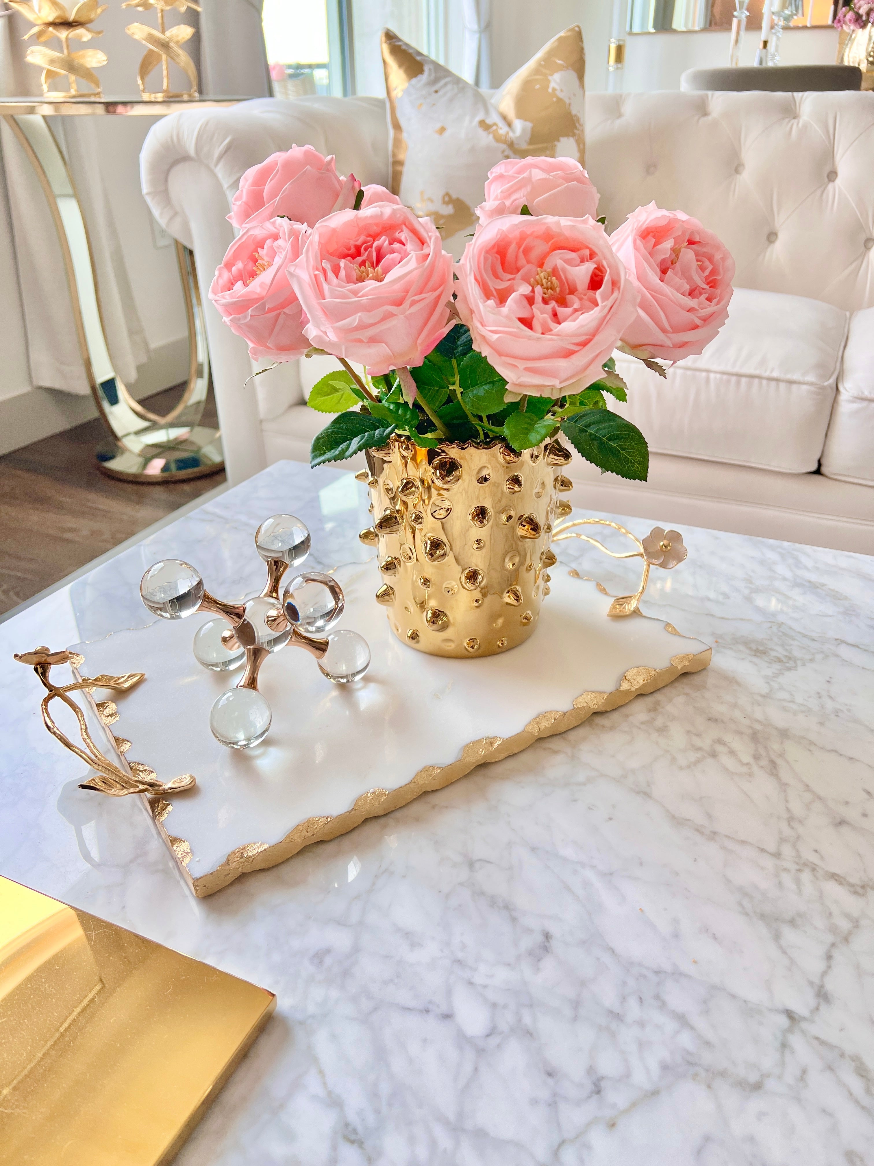 White Marble Tray with Gold Floral Handles - HTS HOME DECOR