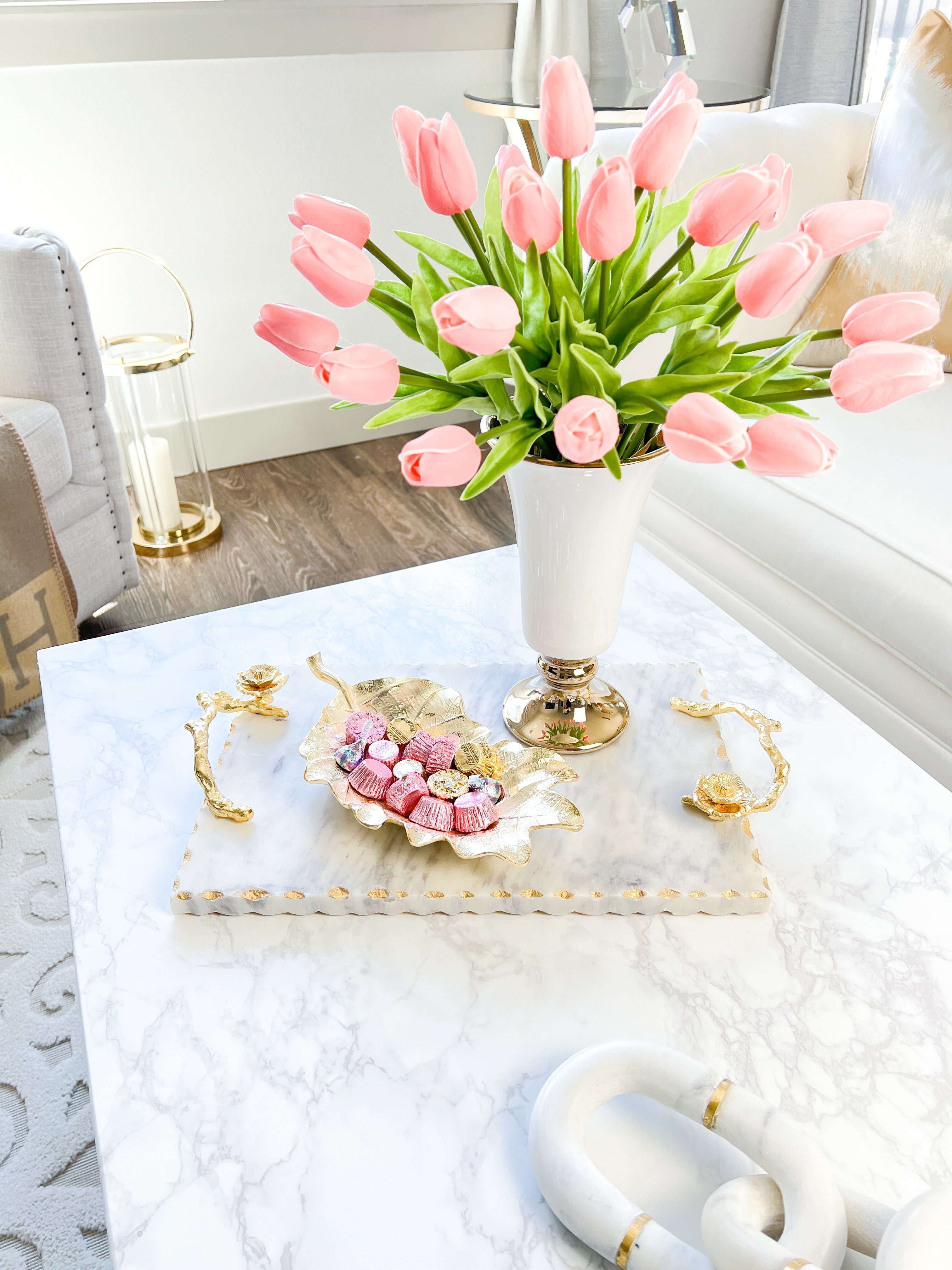 White Marble Tray with Gold Handles - HTS HOME DECOR