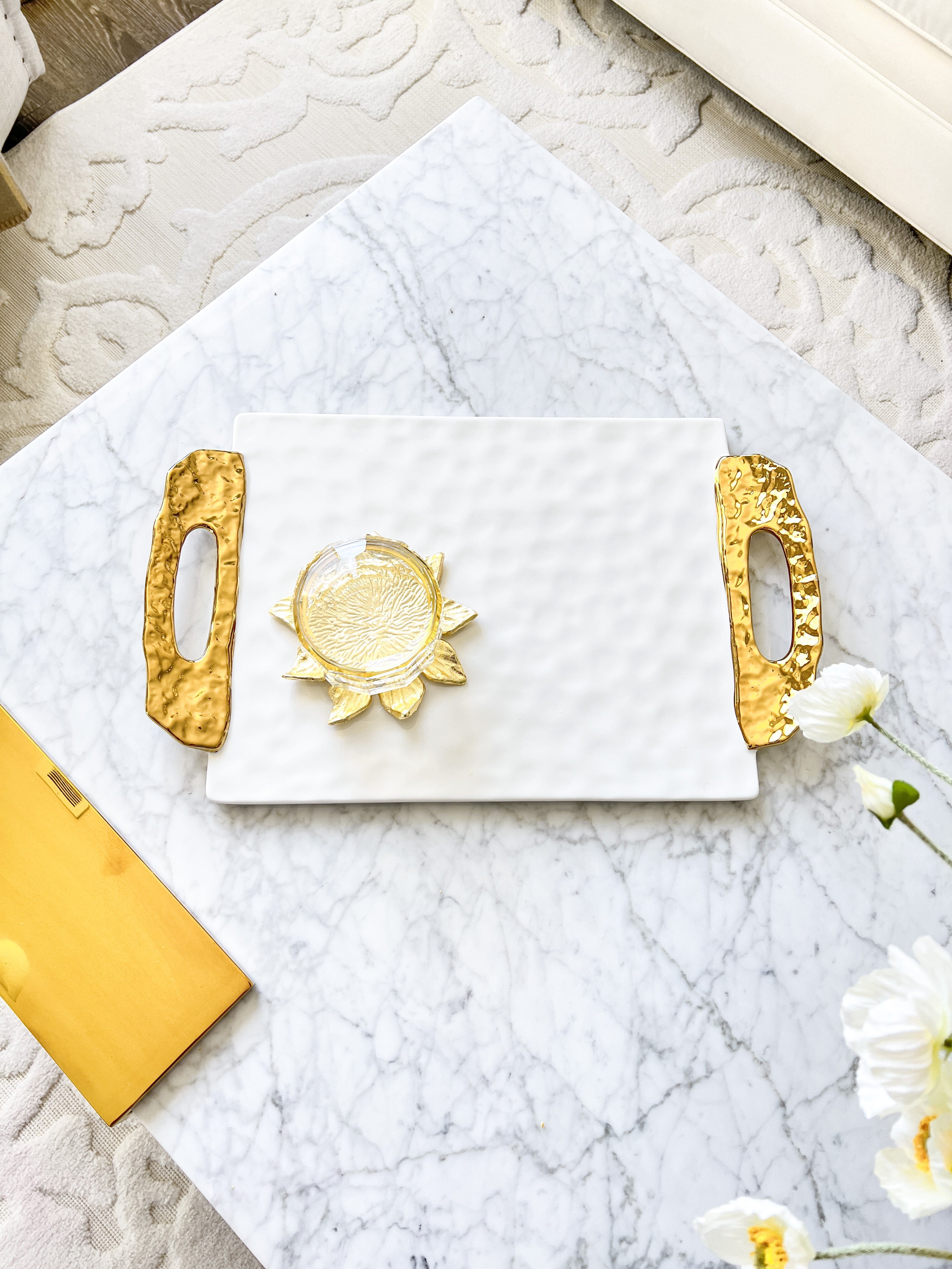 White Porcelain Tray with Gold Handles - HTS HOME DECOR