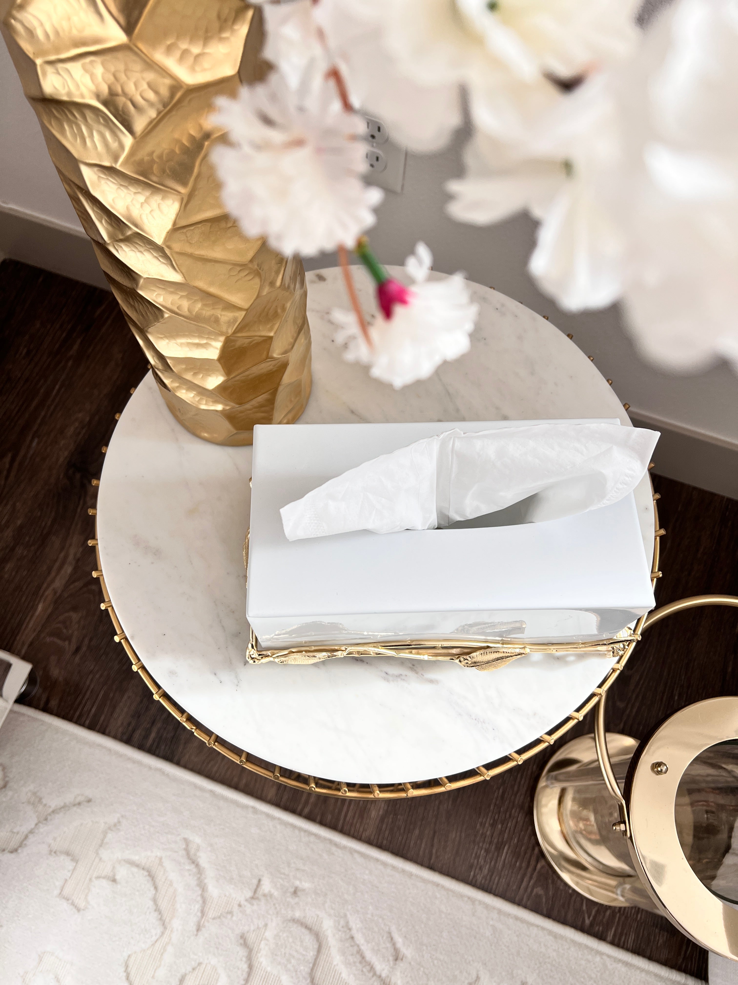 White Tissue Box Cover with Gold Leaf Detail - HTS HOME DECOR
