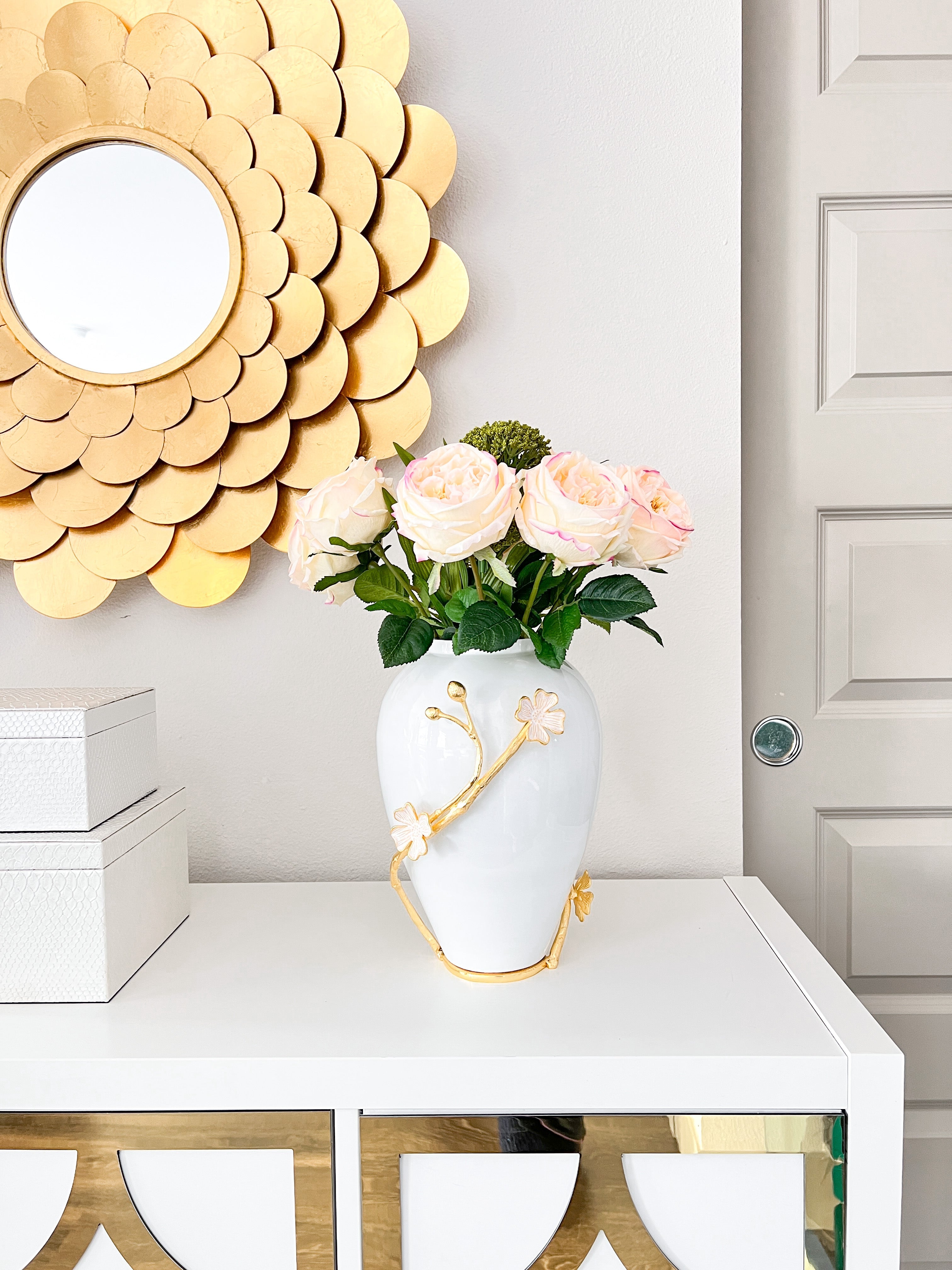 White Vase with Gold Branch Details - HTS HOME DECOR