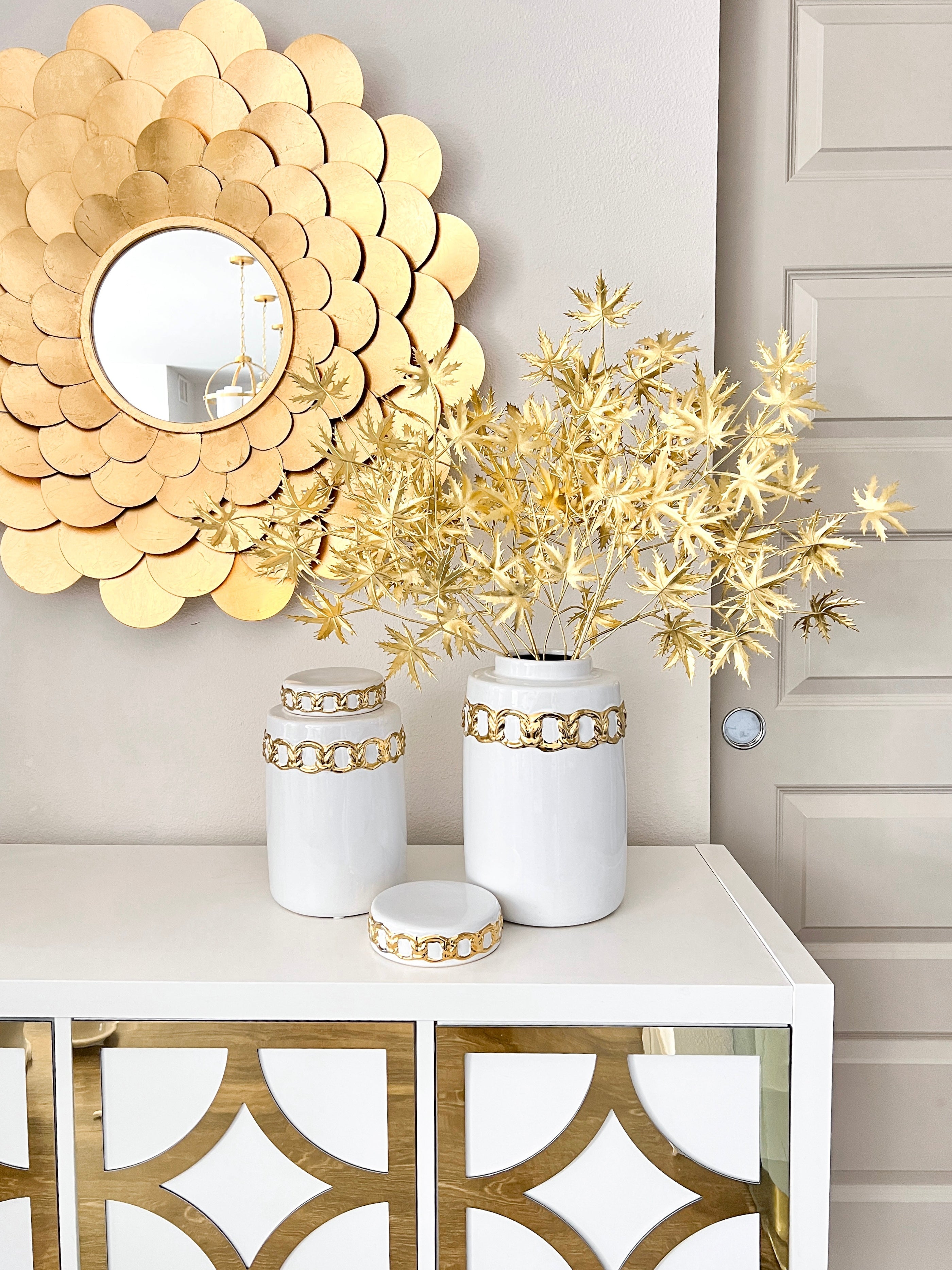 White with Gold Chain Jar Vase (Two Sizes) | HTS DECOR