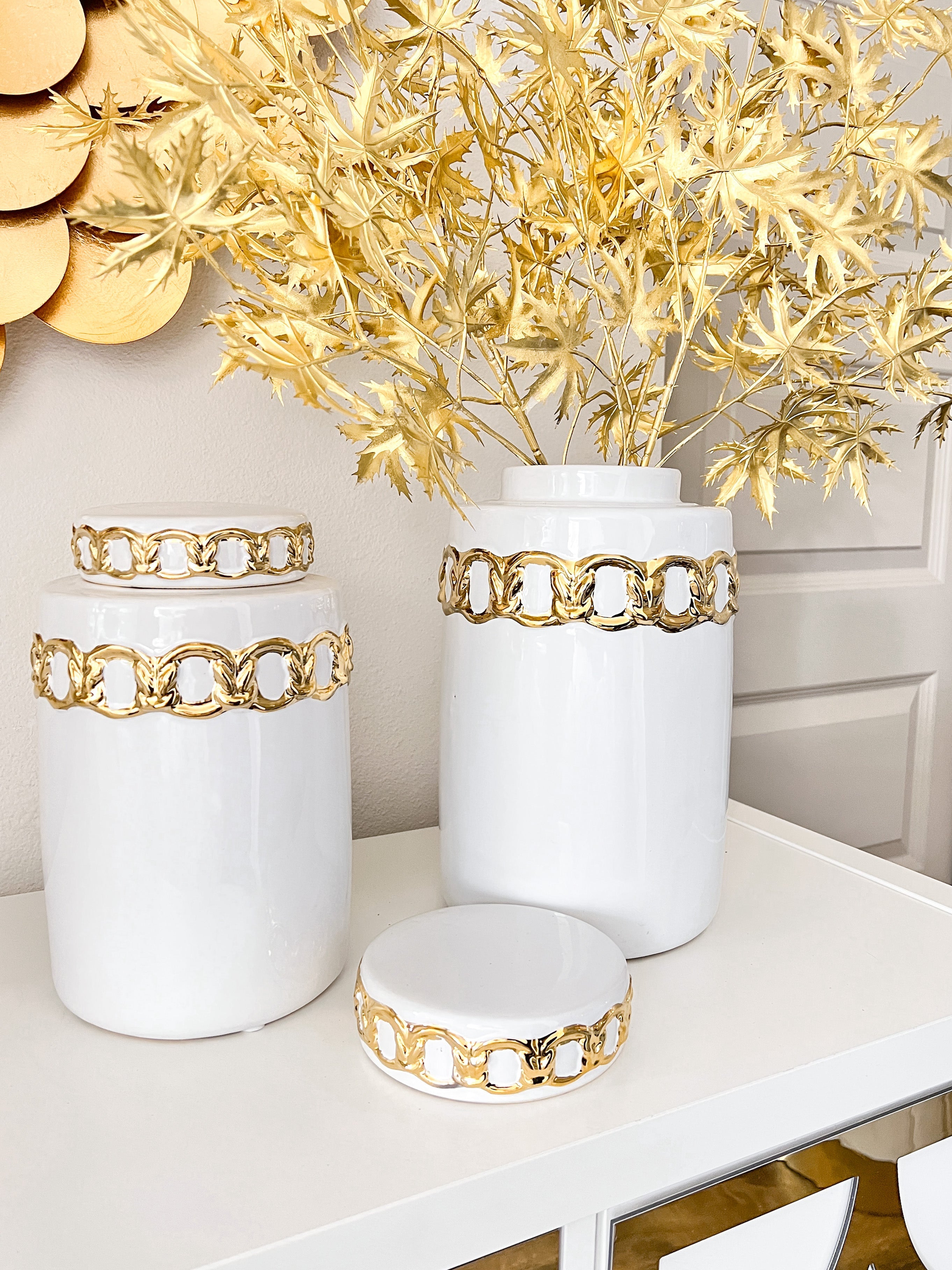 White with Gold Chain Jar Vase (Two Sizes) - HTS HOME DECOR