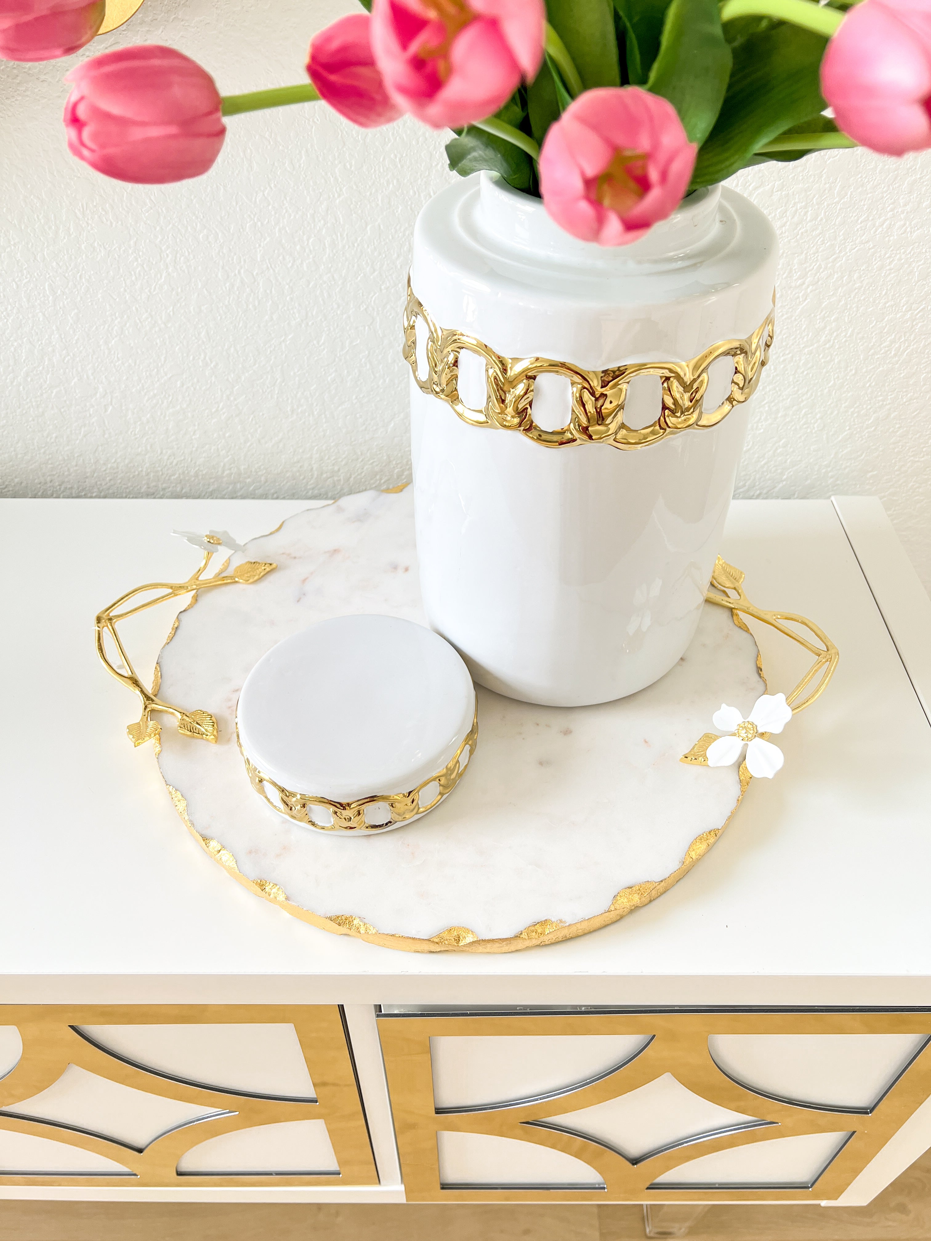 White with Gold Chain Jar Vase (Two Sizes) - HTS HOME DECOR